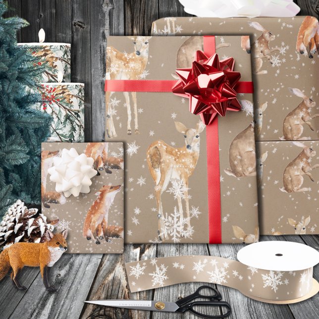Papel De Presente Animais Invernos Elegantes Russos Kraft de Grande  (Rustic Kraft Elegant Snowy Winter Animals Wrapping Paper Rolls)