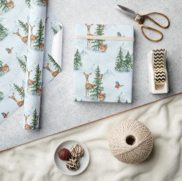 Papel De Presente Animais Lindos de Inverno Cervos Esquilos Aves Jov