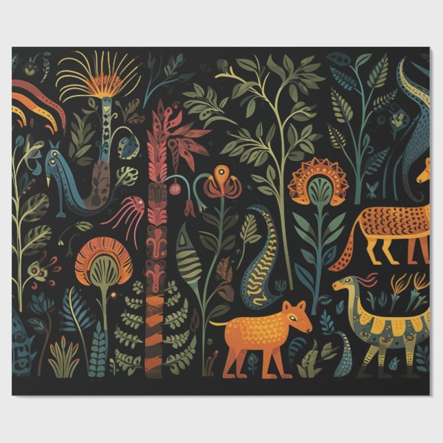 Papel De Presente Animais misteriosos de fantasia em preto (Aberto)