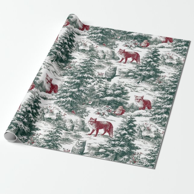 Papel De Presente Animais Nostálgicos da Floresta Vermelha e Verde V (Desenrolado)