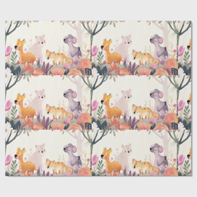 Papel De Presente Animais pacíficos entre flores e árvores (Aberto)