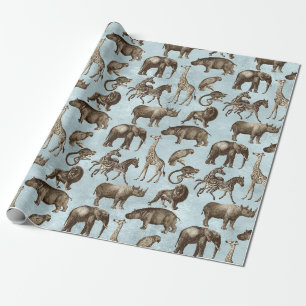 Papel De Presente Animais Safari em Azul Claro