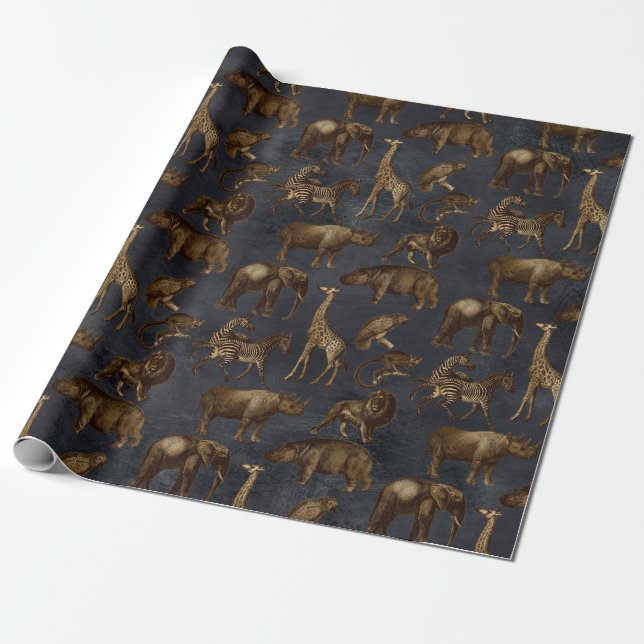 Papel De Presente Animais Safari no Azul Escuro (Desenrolado)