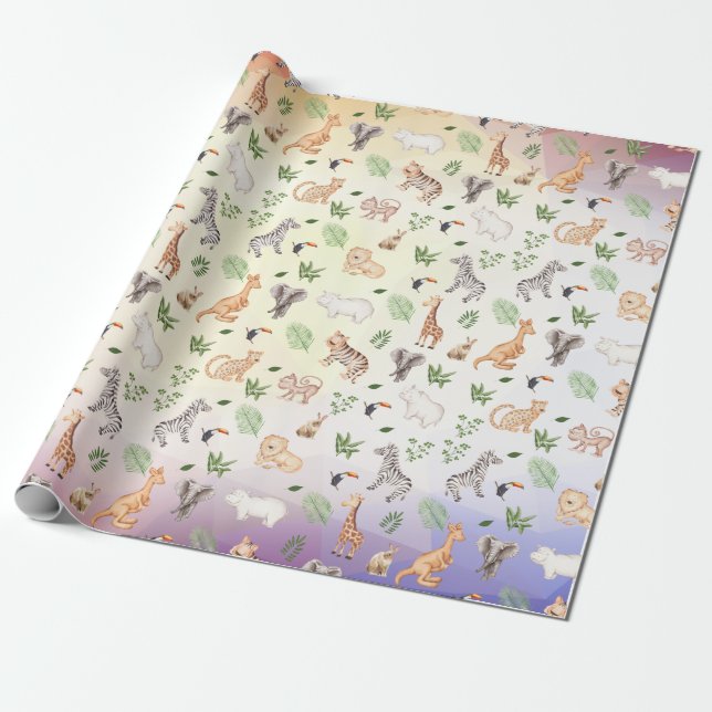 Papel De Presente Animais selvagens com padrão de árvore na selva (Desenrolado)