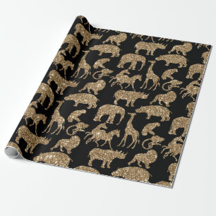 Papel De Presente Animais Selvagens Safari Elegante Ouro Glitter Spa