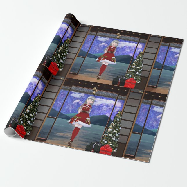 Papel De Presente Anime Style Girl Christmas Wrapping Paper (Desenrolado)
