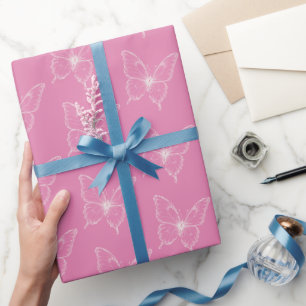 Papel De Presente Aniversário Borboletas Rosa Brancas