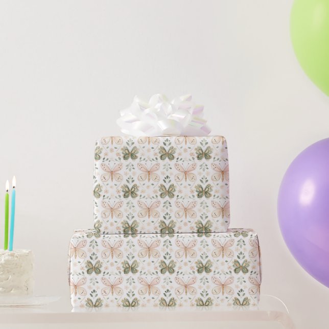 Papel De Presente Aniversário Borboletas Rosa Verde (Presentes para festas)