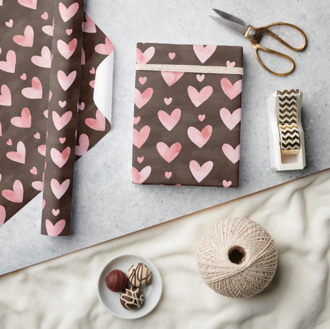 Papel De Presente Aniversário Cacau Marrom Corações Rosa (Artesanato)