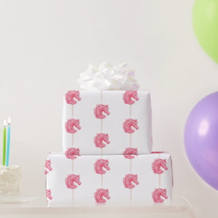 Papel De Presente Aniversário Cavalos de Cowgirl Branca Rosa