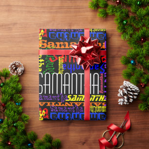 Papel De Presente Aniversário Colagem de Nome Personalizado Colorido