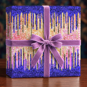 Papel De Presente Aniversário com Brilho Dourado Azul Real Chic