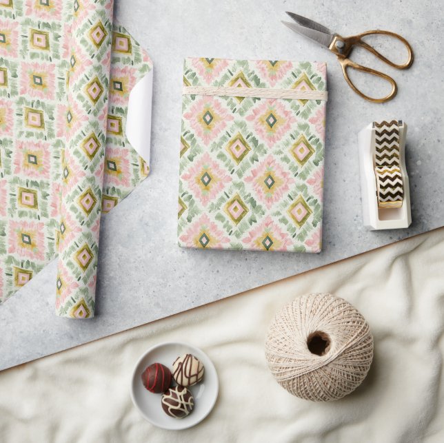 Papel De Presente Aniversário com padrão de diamante rosa e verde (Artesanato)