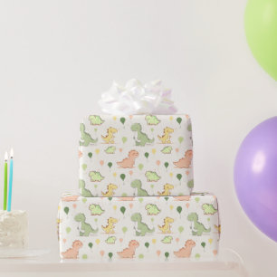 Papel De Presente Aniversário com Padrão de Dinossauro Fofo e Balão