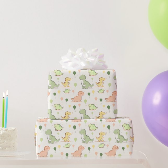Papel De Presente Aniversário com Padrão de Dinossauro Fofo e Balão  (Presentes para festas)