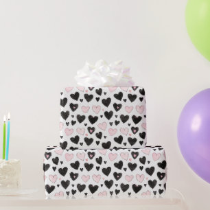 Papel De Presente Aniversário Corações Pretos Rosa