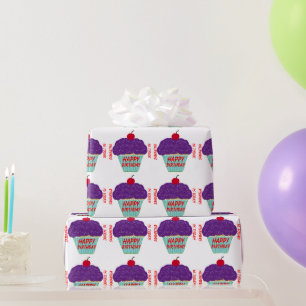 Papel De Presente Aniversário  Cupcake de Cobertura Roxa Nome Idade