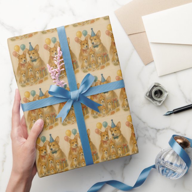 Papel De Presente Aniversário da Família Elegante Corgi (Presentear)