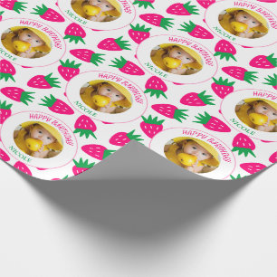 Papel De Presente Aniversário da Garota de Morango Cinza Rosa