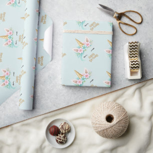 Papel De Presente Aniversário da Menina Unicórnio Turquesa