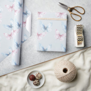 Papel De Presente Aniversário das Borboletas Azuis Bonitas e Rosas