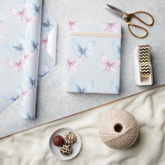 Papel De Presente Aniversário das Borboletas Azuis Bonitas e Rosas (Artesanato)