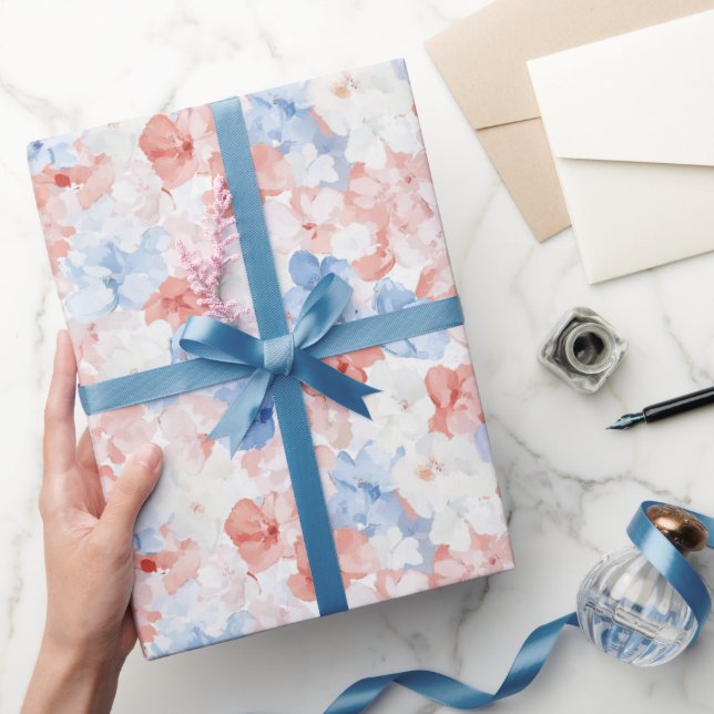 Papel De Presente Aniversário das Flores Azuis Vermelhas (Presentear)