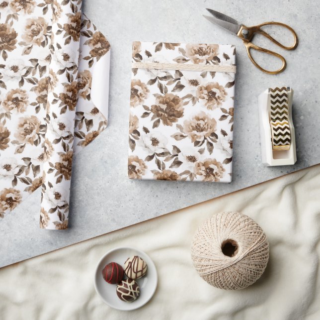 Papel De Presente Aniversário das Flores Brancas Castanhas (Artesanato)