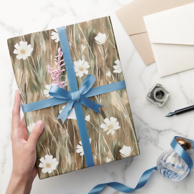 Papel De Presente Aniversário das Flores da primavera Branca (Presentear)