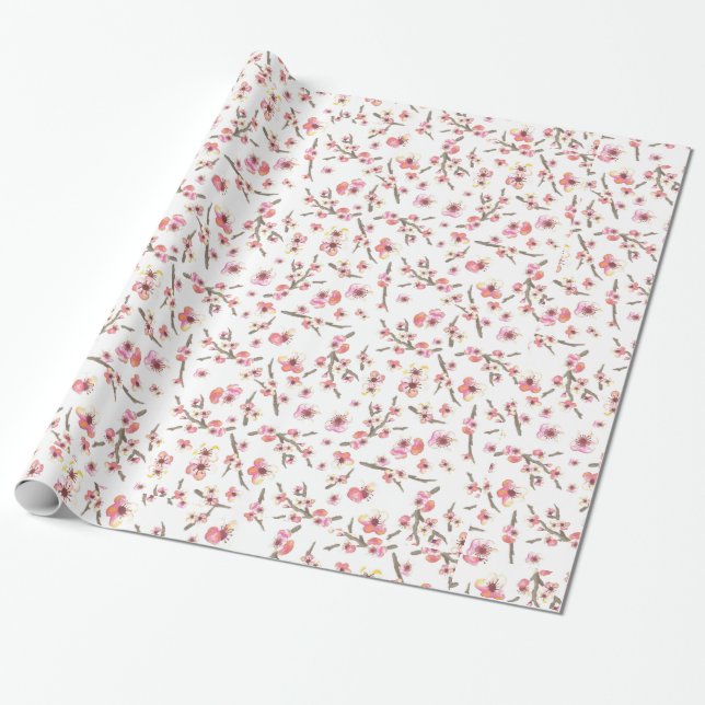 Papel De Presente Aniversário das Flores do Flor de Cereja Rosa (Desenrolado)