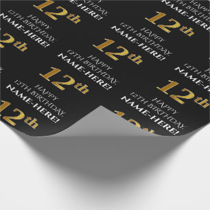 Papel De Presente Aniversário de 12: Elegante, Preto, Faux Dourado