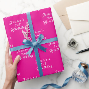 Papel De Presente Aniversário de 2 anos Menina Simpática Rosa Neon S