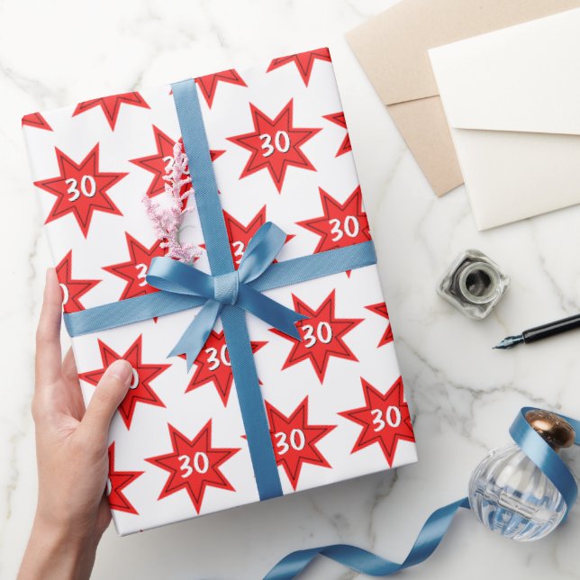 Papel De Presente Aniversário de 30 anos Estrela Vermelha (Presentear)