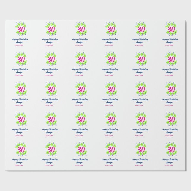 Papel De Presente aniversário de 30 anos verde azul wreath name date (Aberto)