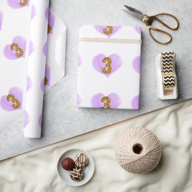Papel De Presente Aniversário de 3 anos Dourado de brilho roxo (Artesanato)