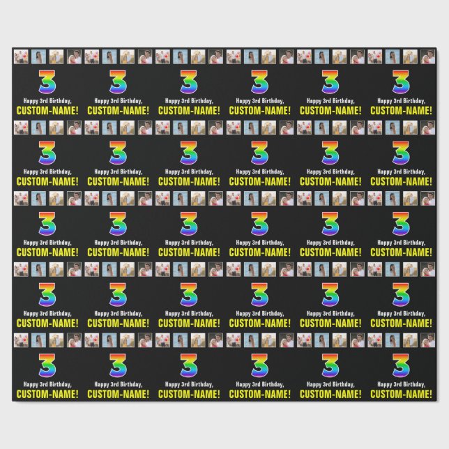 Papel De Presente aniversário de 3 anos: Rainbow "3"; Fotografias e  (Barra)