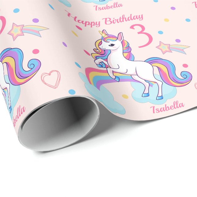 Papel De Presente aniversário de 3 anos Unicorn - Arco-Íris Rosa (Ponta do rolo)