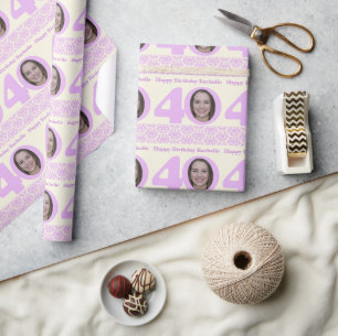 Papel De Presente aniversário de 40 anos foto amortecedor creme roxo