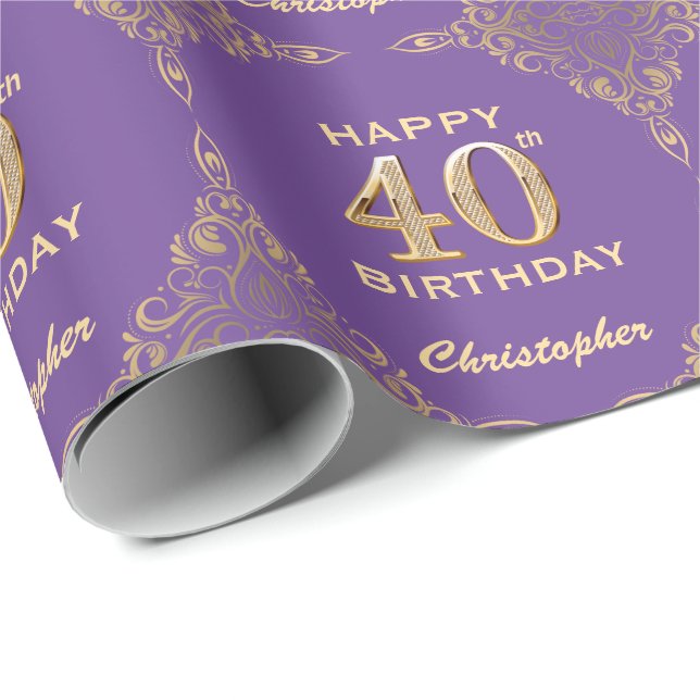 Papel De Presente aniversário de 40 anos Purple e Dourado quadro de  (Ponta do rolo)