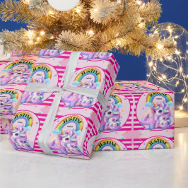 Papel De Presente Aniversário de 4 anos do Arco-íris e Unicórnio Fof
