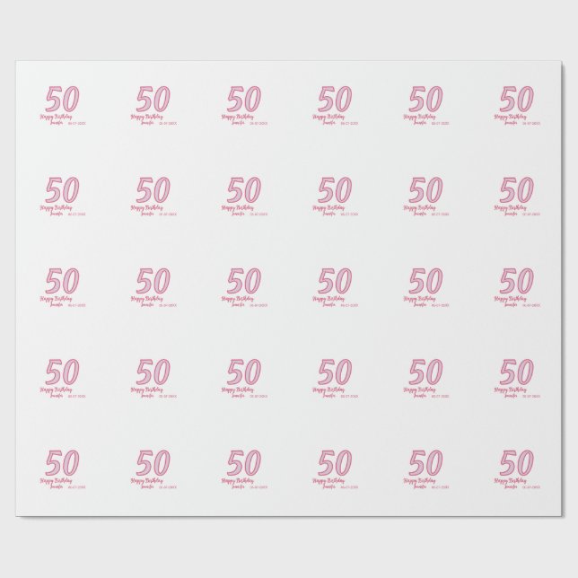 Papel De Presente aniversário de 50 anos rosa roxo nome simples mini (Aberto)