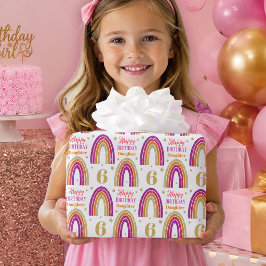 Papel De Presente Aniversário de 6 anos da Filha Glitter Rosa Arco-í