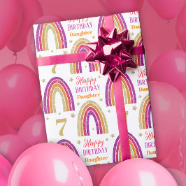 Papel De Presente Aniversário de 7 anos da filha Arco-íris com brilh