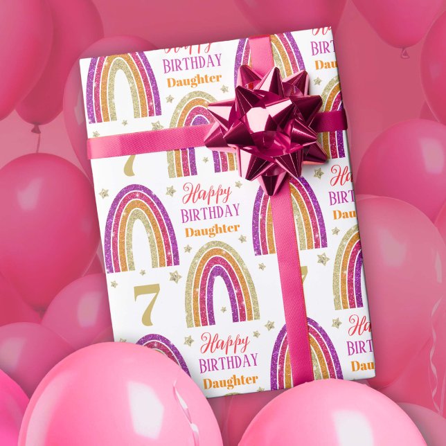 Papel De Presente Aniversário de 7 anos da filha Arco-íris com brilh (Criador carregado)