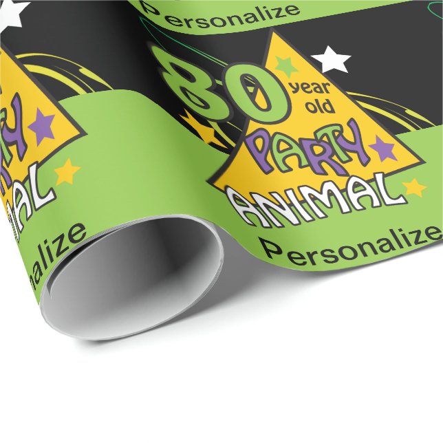 Papel De Presente Aniversário De Animais De Festa De 80 Anos (Ponta do rolo)