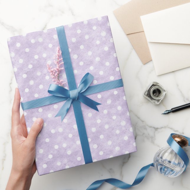 Papel De Presente Aniversário de Bolinhas Brancas Lavanda (Presentear)