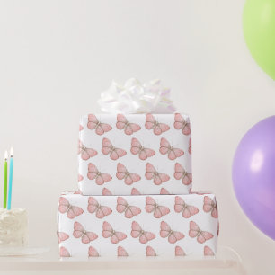 Papel De Presente Aniversário de Borboletas Brancas e Rosa para Meni
