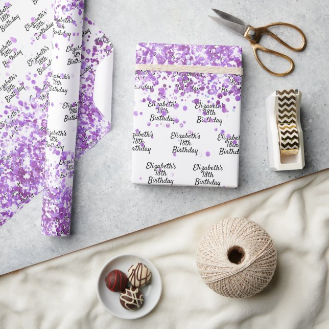 Papel De Presente Aniversário de confete roxo branco (Artesanato)