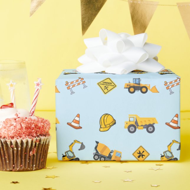 Papel De Presente Aniversário de Construção Azul Claro (Festa de aniversário)