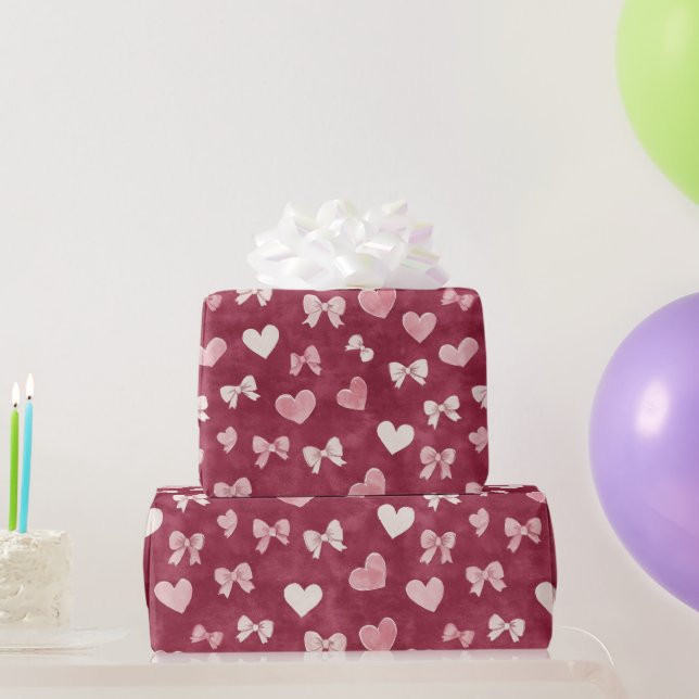Papel De Presente Aniversário de Corações Rosa Vermelho Branco (Presentes para festas)